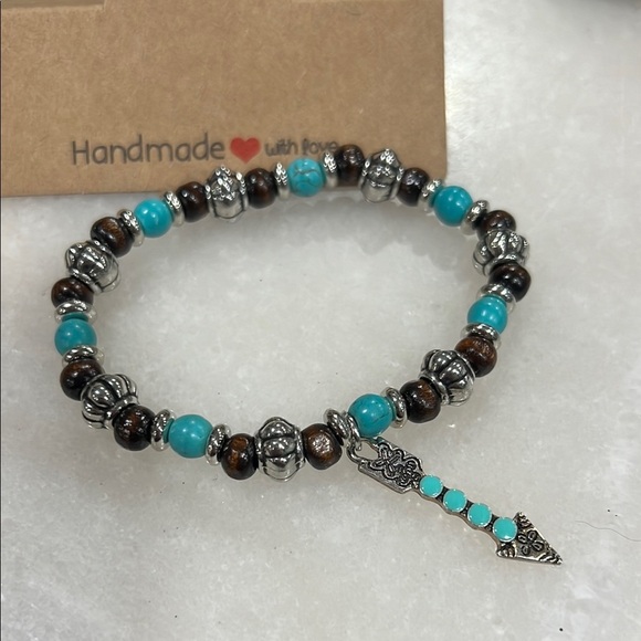 Turquoise and Brown Beaded Bracelet with Arrow Charm - Picture 1 of 4
